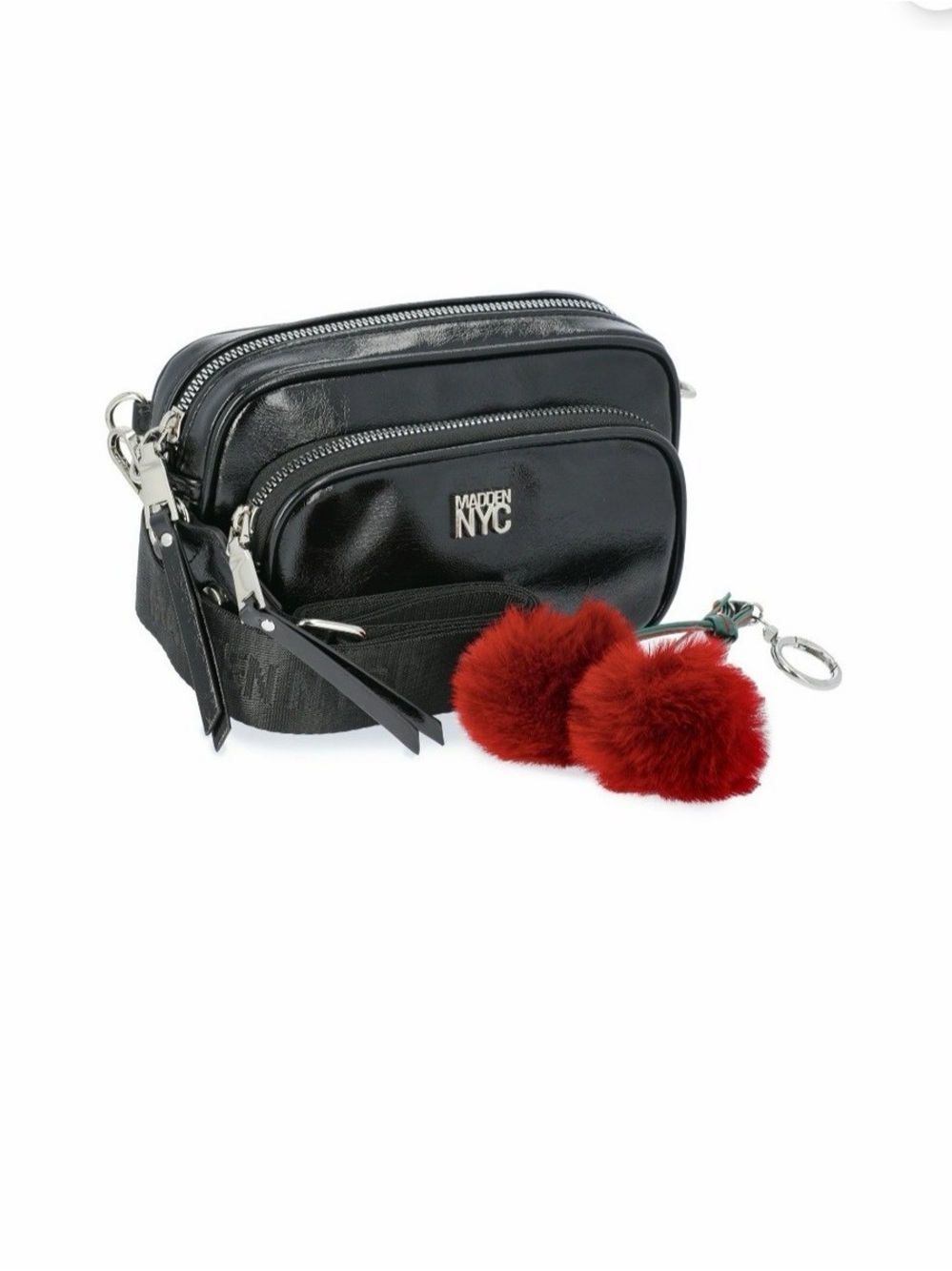 Madden NYC Black Crossbody Bag with Red Pom Charm Keyring
